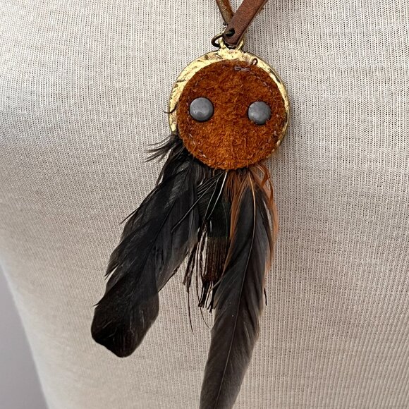 Vintage Leatherock Stone and Peacock Feather Leather Bohemian Statement Necklace - Picture 5 of 12